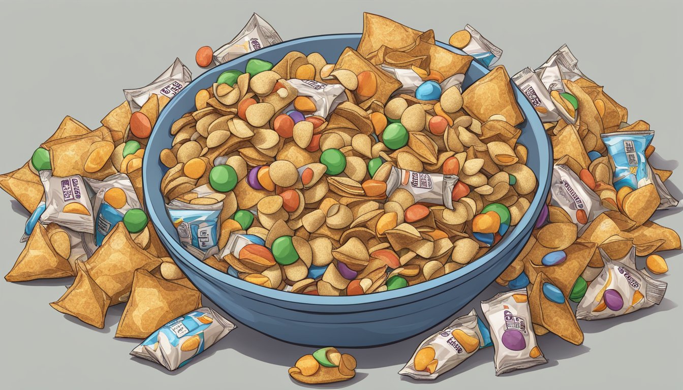 A towering pile of rivalz stuffed snacks overflowing from a large bowl, with empty wrappers scattered around and a concerned expression on a nearby scale