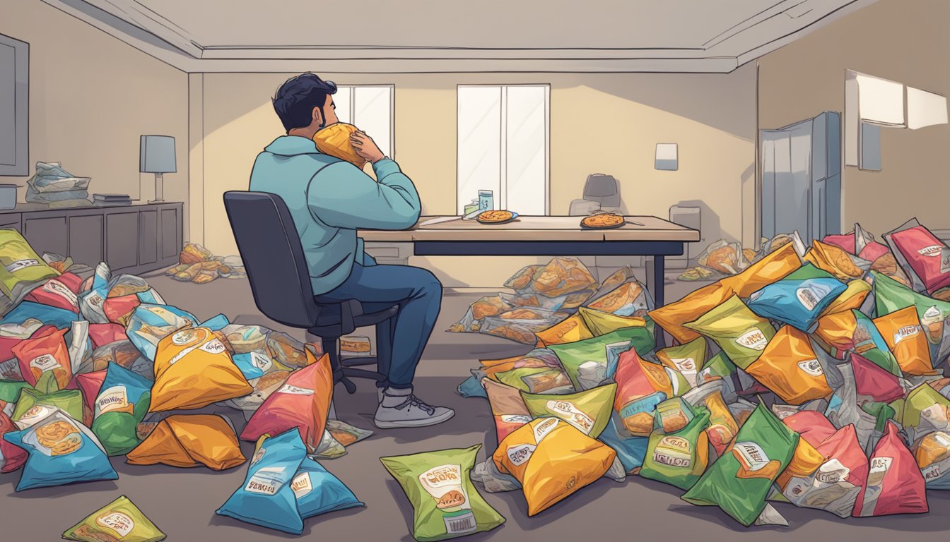 A table piled high with empty bags of Rivalz Stuffed Snacks, scattered around the room. A person slumped in a chair, looking uncomfortably full