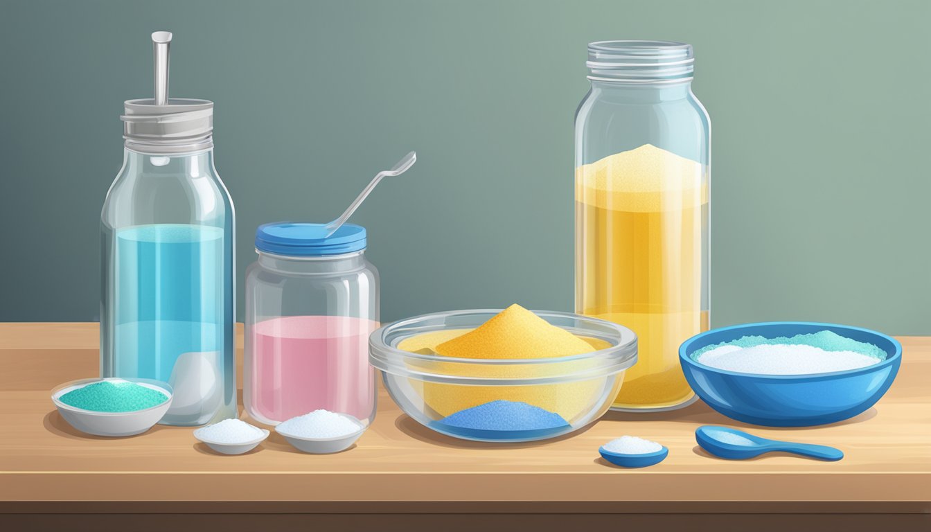 A table with multiple jars of electrolyte powder, a measuring spoon, and a glass of water