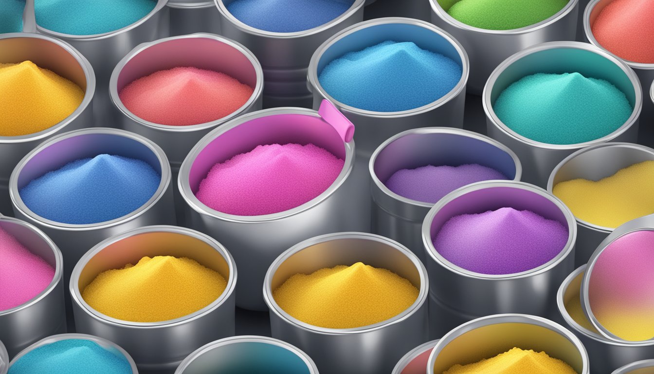 A colorful array of electrolyte powder scoops overflowing from a container, surrounded by caution signs