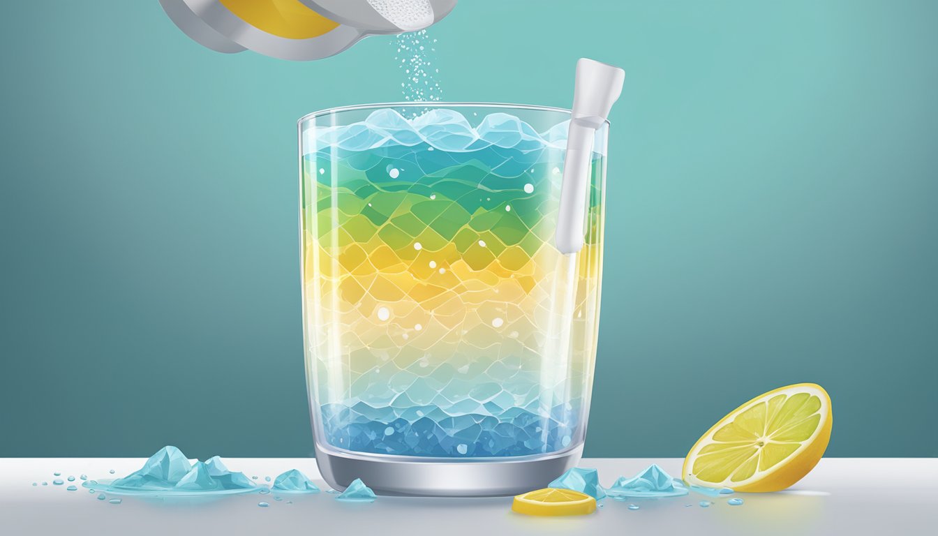 A glass of water with a measured amount of Designs for Health Electrolyte Synergy powder being stirred in