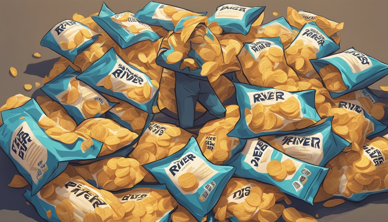 A pile of empty Deep River Snacks Potato Chips bags scattered around a person, who looks uncomfortably full