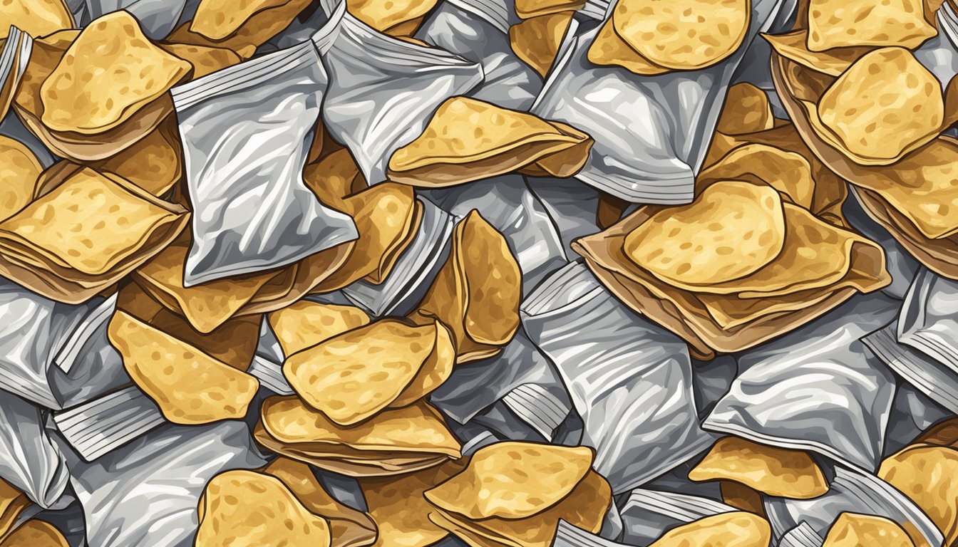 A pile of empty potato chip bags stacked high, surrounded by scattered chips and an overflowing bowl