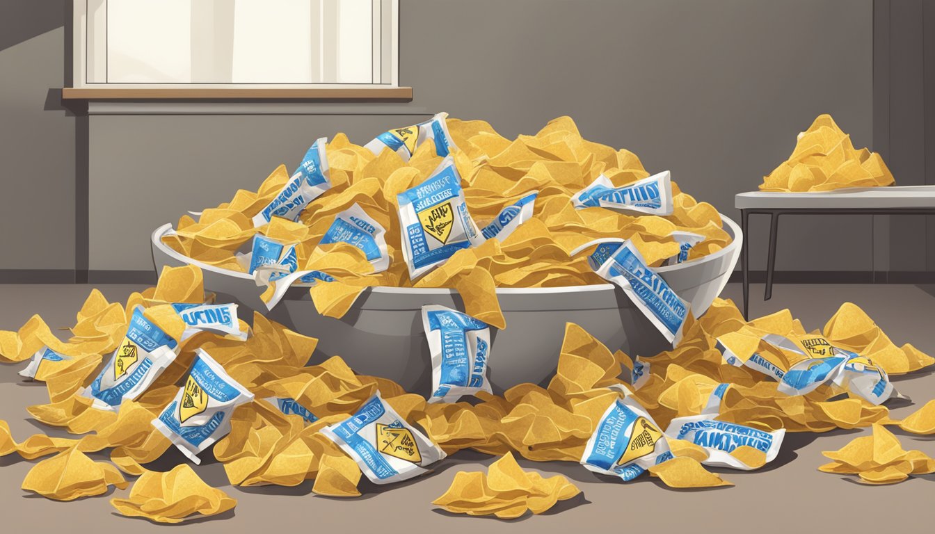 A pile of potato chip bags spilling out of an overturned bowl, surrounded by caution tape and a warning sign