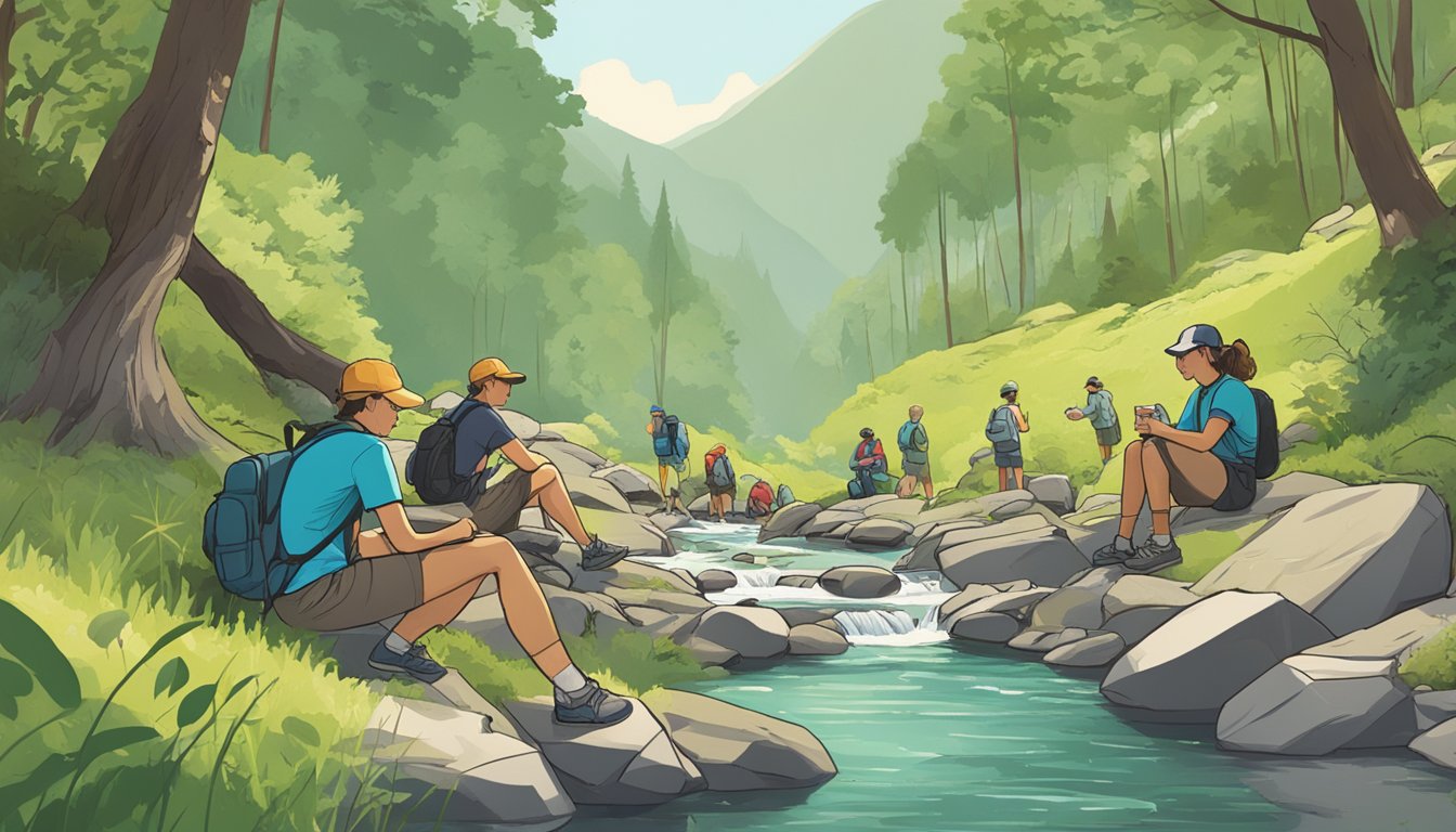 A group of hikers resting by a stream, surrounded by lush greenery, with bottles of hrdwrk electrolytes scattered around them