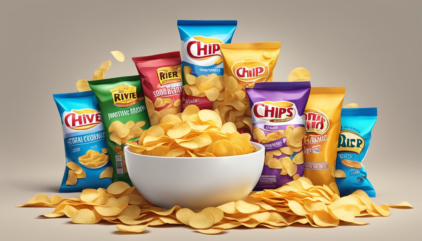 A pile of empty chip bags surrounds a large bowl overflowing with deep river snacks potato chips