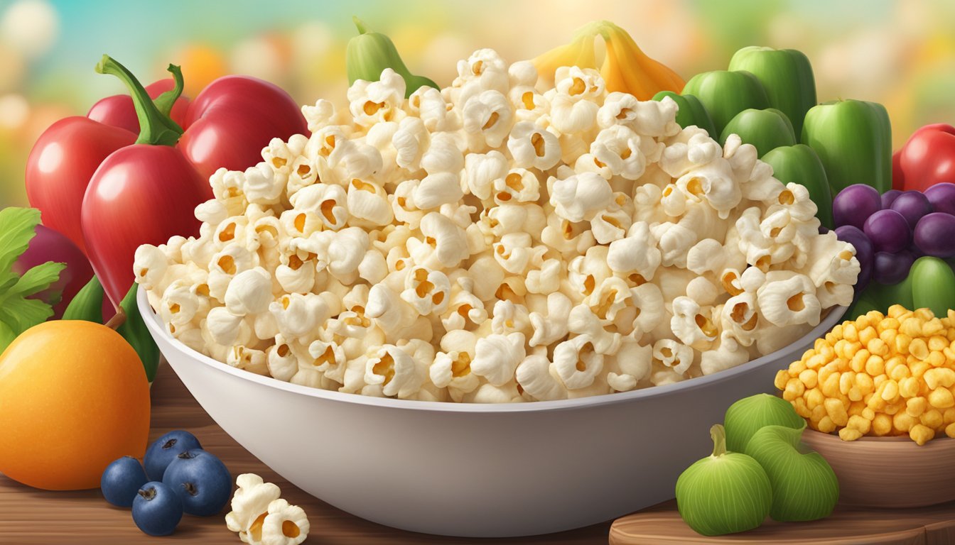 A bowl of air-popped popcorn sits on a wooden table, surrounded by colorful fruits and vegetables