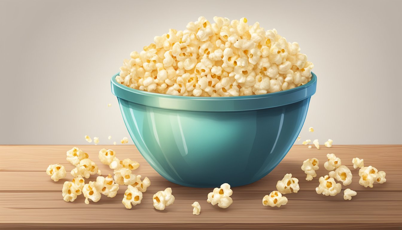 A bowl of air-popped popcorn with a sprinkle of sea salt sits on a wooden table next to a measuring cup