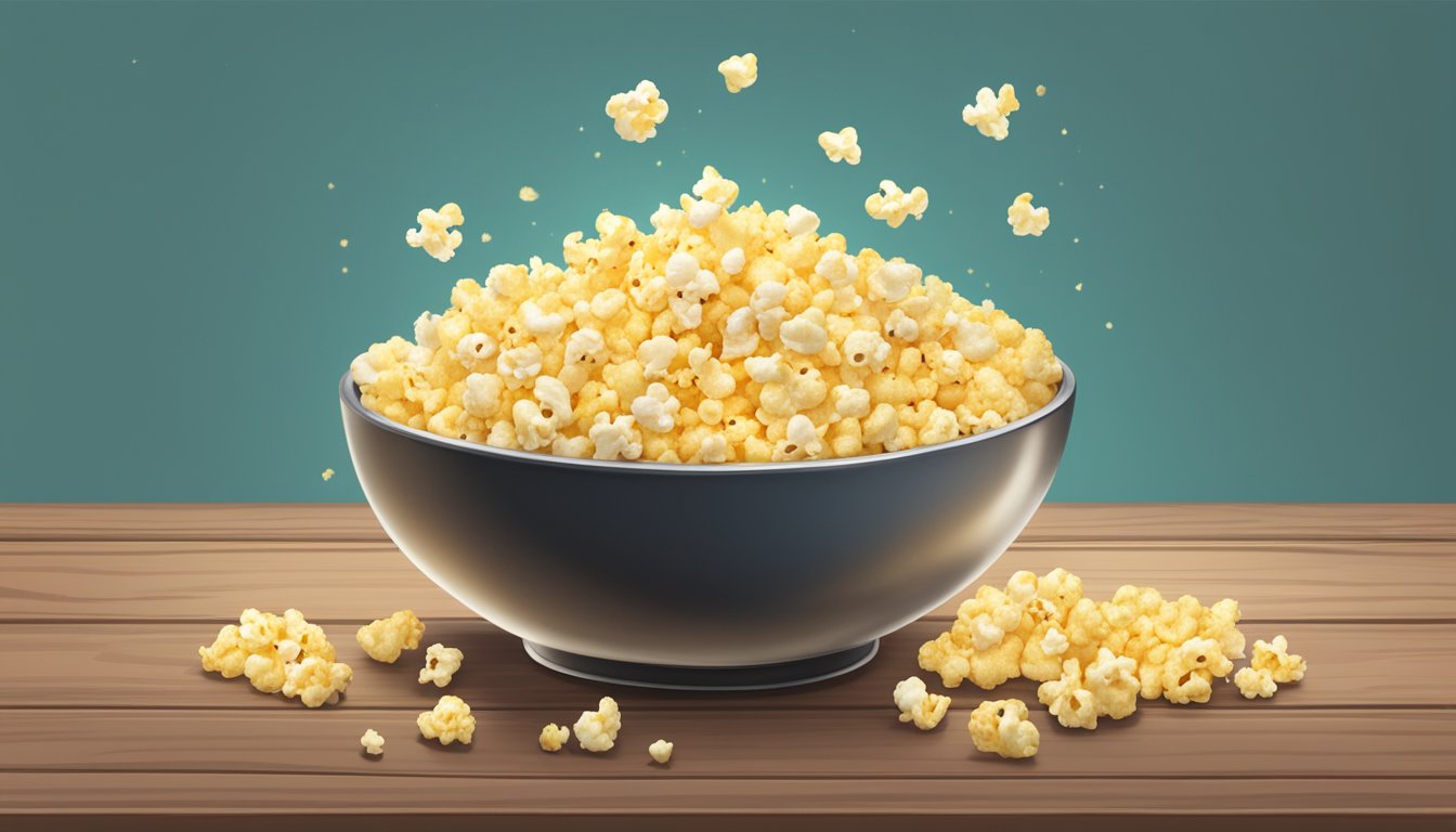 A bowl of air-popped popcorn, sprinkled with a light dusting of nutritional yeast and sea salt, sits on a wooden table next to a measuring cup