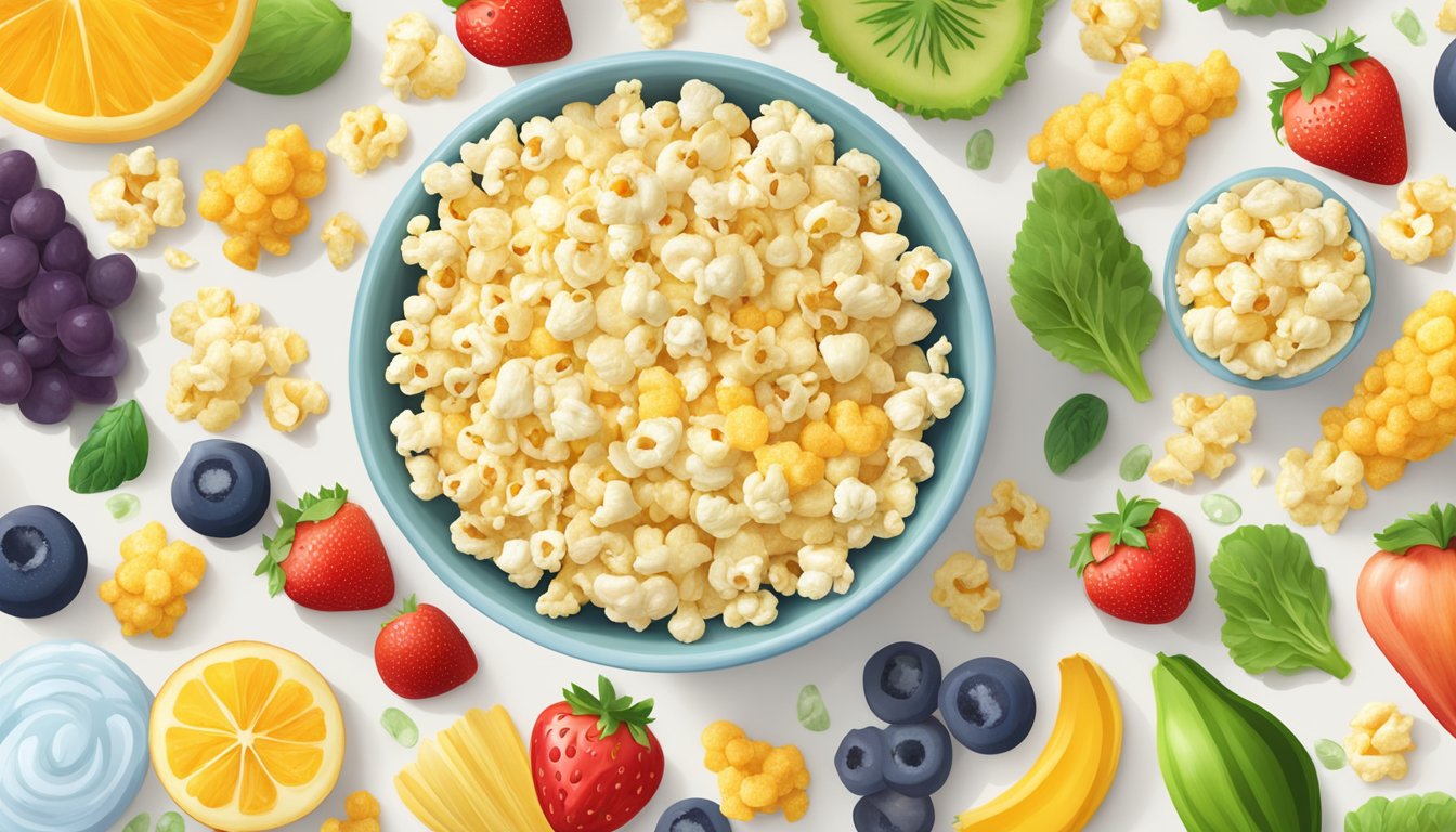 A bowl of air-popped popcorn sprinkled with nutritional yeast and a pinch of sea salt, surrounded by colorful fruits and vegetables