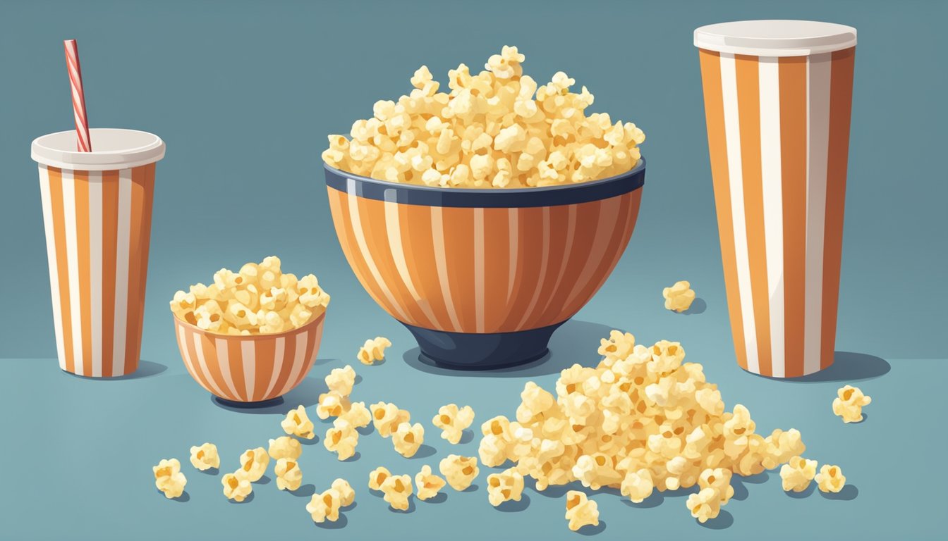 A bowl of popcorn sits next to a measuring cup, with three cups of popcorn poured out as a nutritious snack