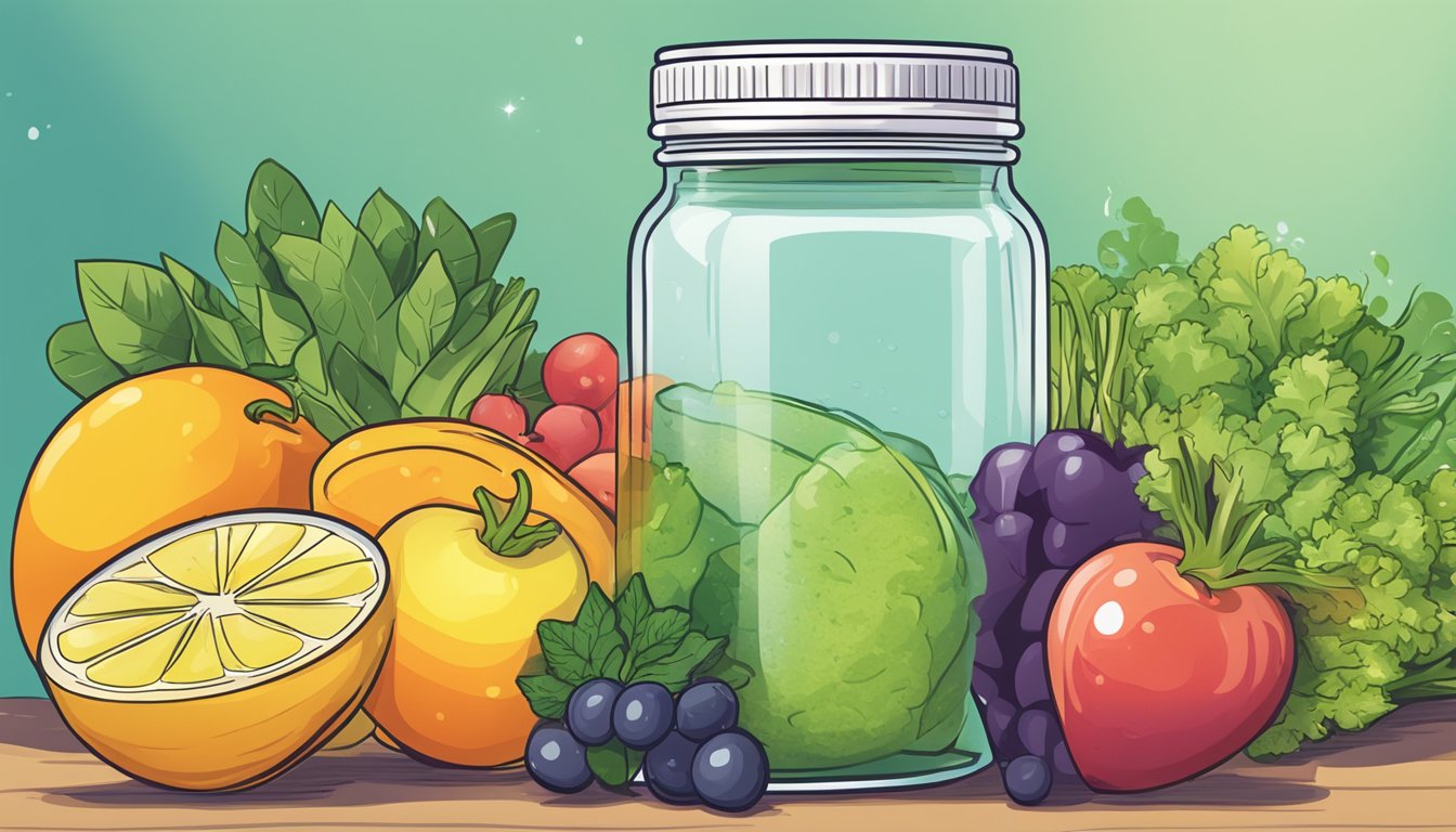 A jar of Livingood Daily Electrolytes powder surrounded by various fruits and vegetables, with a glass of water nearby