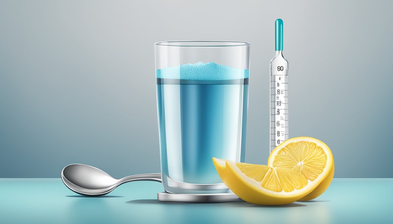 A glass of water with a scoop of Livingood Daily Electrolytes powder next to a measuring spoon