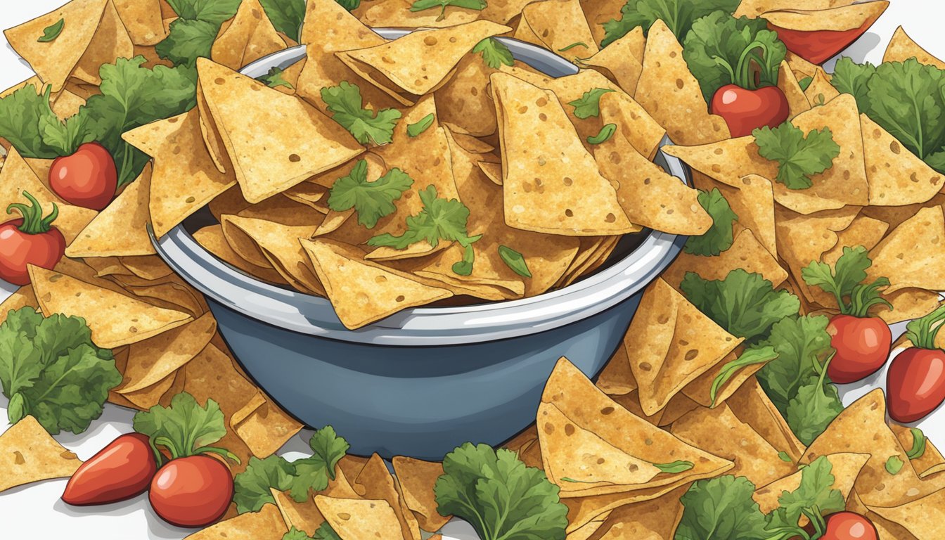 A bowl overflowing with garden veggie tortilla chips, surrounded by empty chip bags