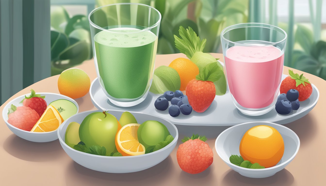 A table with multiple scoops of Livingood Daily Electrolytes powder next to a glass of water, surrounded by various fruits and vegetables