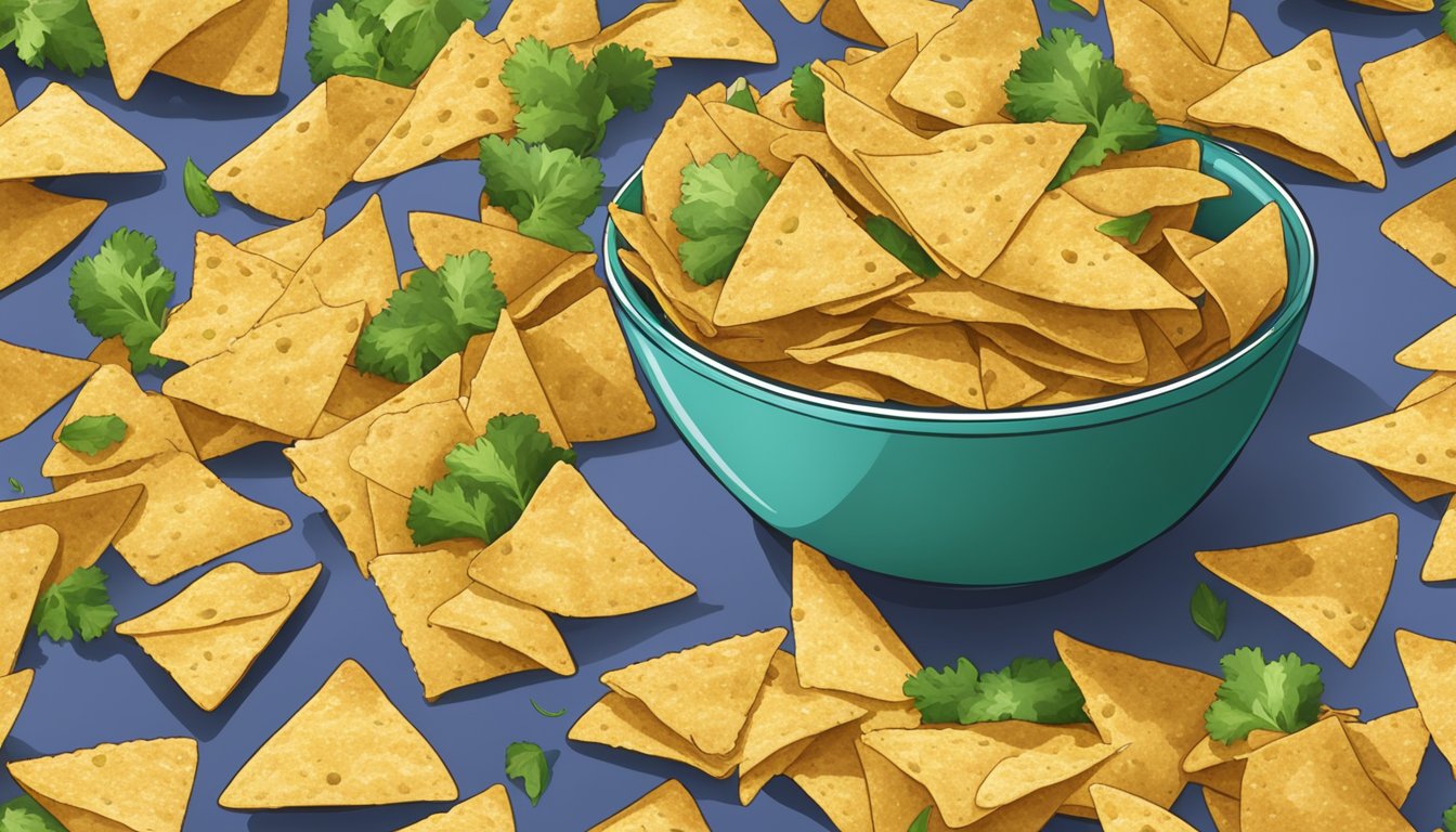 A bowl overflowing with garden veggie tortilla chips, surrounded by empty chip bags