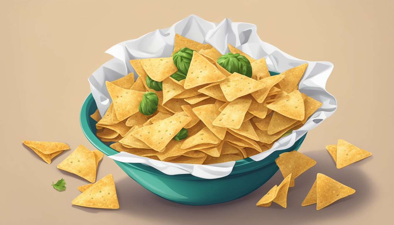 A bag of garden veggie tortilla chips overflowing from a bowl, surrounded by empty chip wrappers