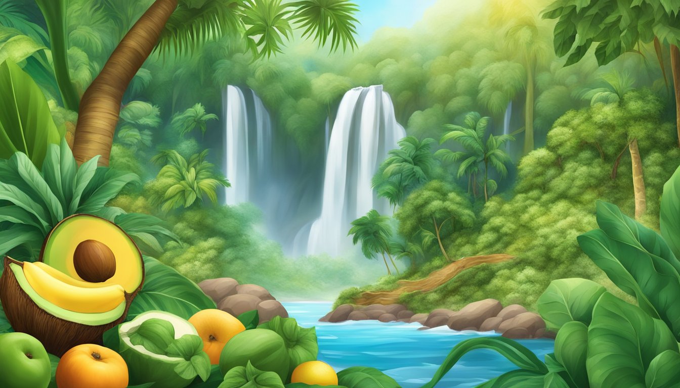 A lush, vibrant landscape with a variety of fruits and vegetables, including coconuts, bananas, and spinach, all surrounded by flowing streams and waterfalls