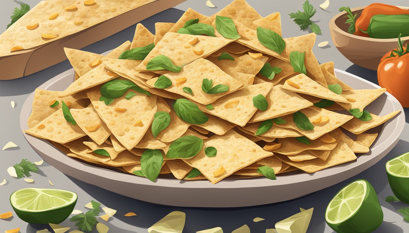 A pile of garden veggie tortilla chips overflowing from a bowl, with a serving size marked nearby