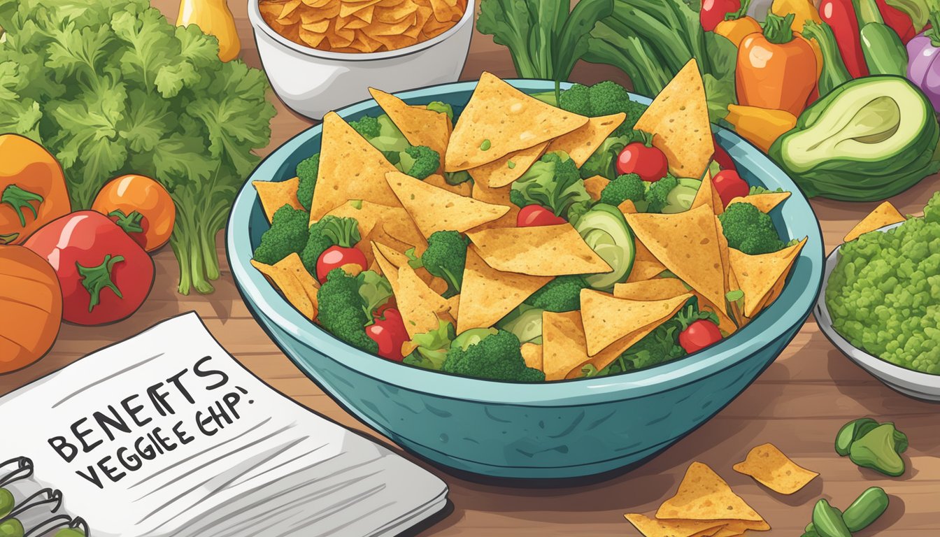 A bowl overflowing with garden veggie tortilla chips, surrounded by colorful vegetables and a banner reading "Benefits of Veggie Chips."