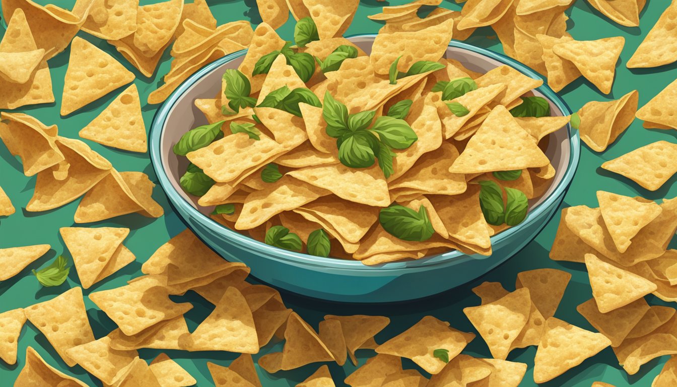 A pile of garden veggie tortilla chips spilling out of a large, overflowing bowl