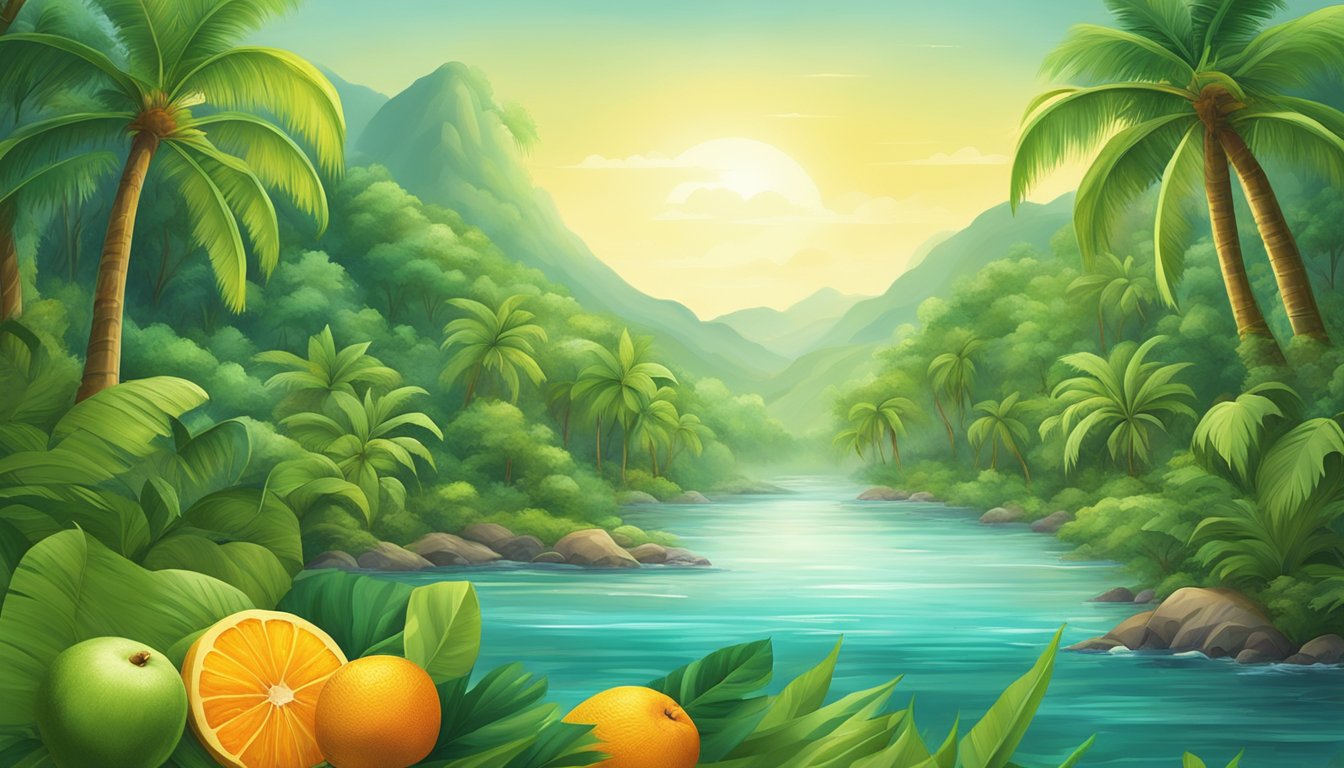 A lush tropical forest with vibrant green foliage, featuring an array of fruits like coconuts, bananas, and oranges, surrounded by a flowing river with clear, sparkling water