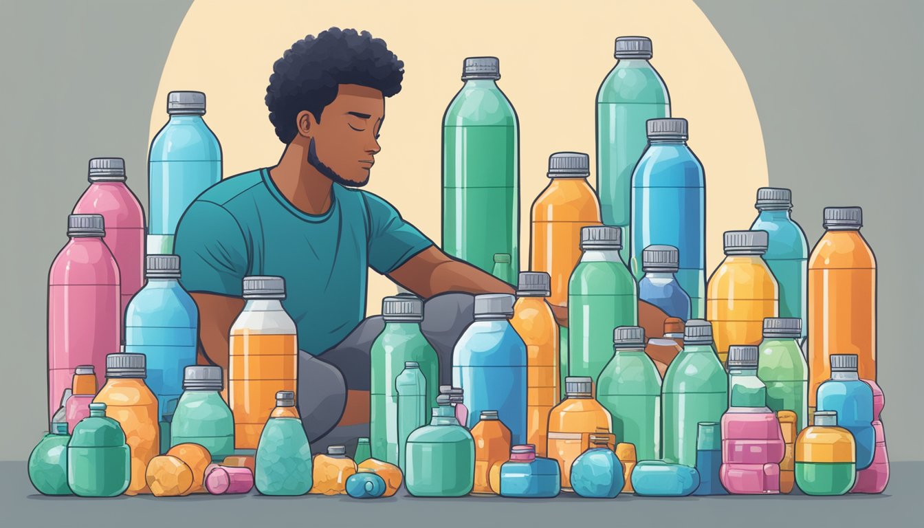 A person surrounded by multiple bottles of hrdwrk electrolytes, with an overwhelmed expression while trying to determine how many servings is too much