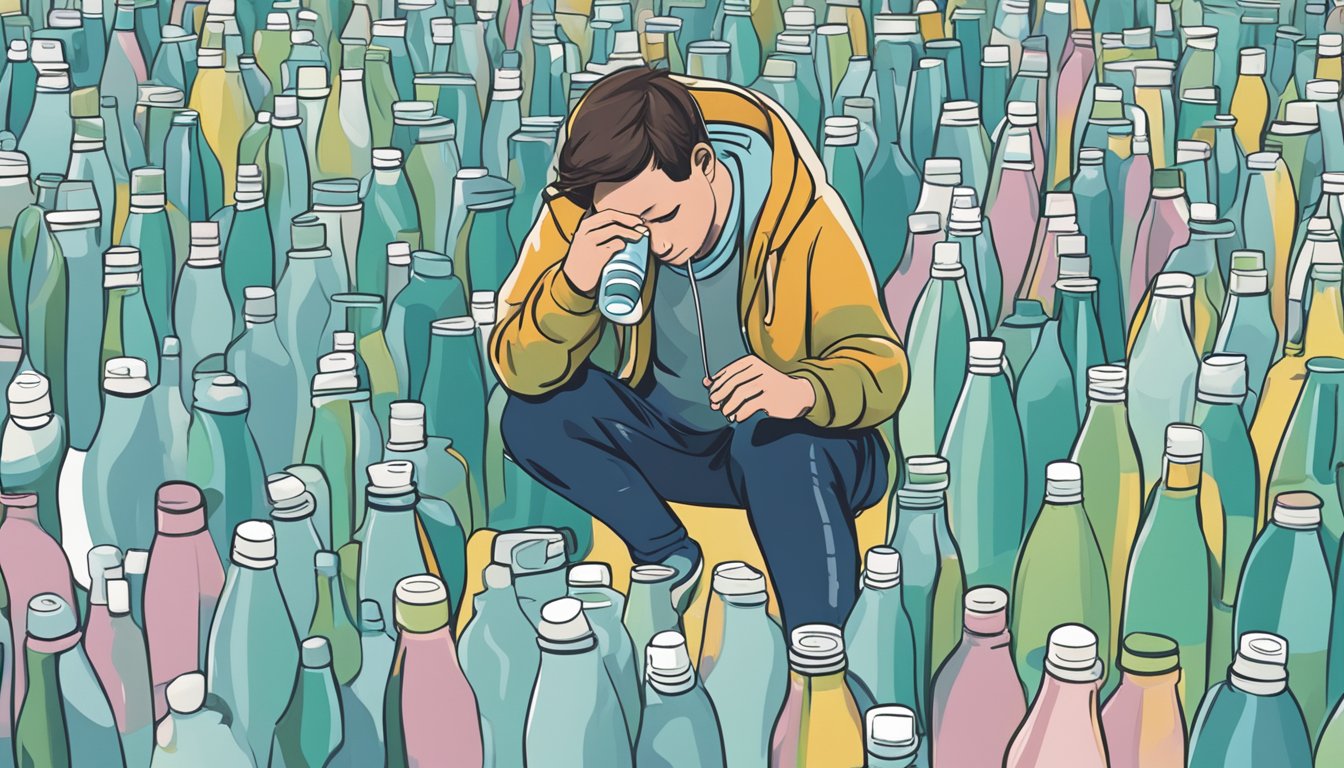 A person surrounded by empty dropdrop hydration drink bottles, looking unwell