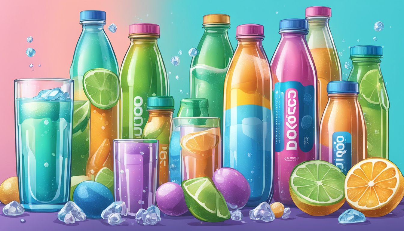 A glass of dropdrop hydration drink overflowing with electrolytes, surrounded by empty bottles