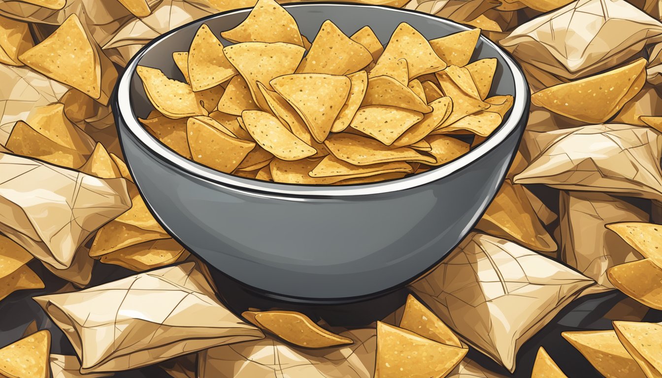 A bowl overflowing with tortilla chips, surrounded by empty bags