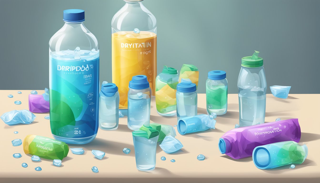 A table with multiple empty and half-full bottles of DripDrop hydration drink, surrounded by scattered packets and a spilled glass of water