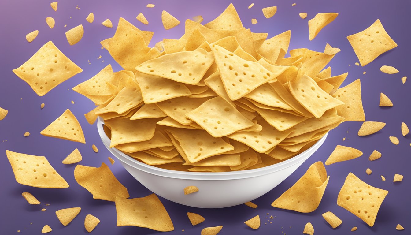 A pile of Amazon Fresh tortilla chips overflowing from a large bowl, surrounded by empty bags and a scattering of crumbs