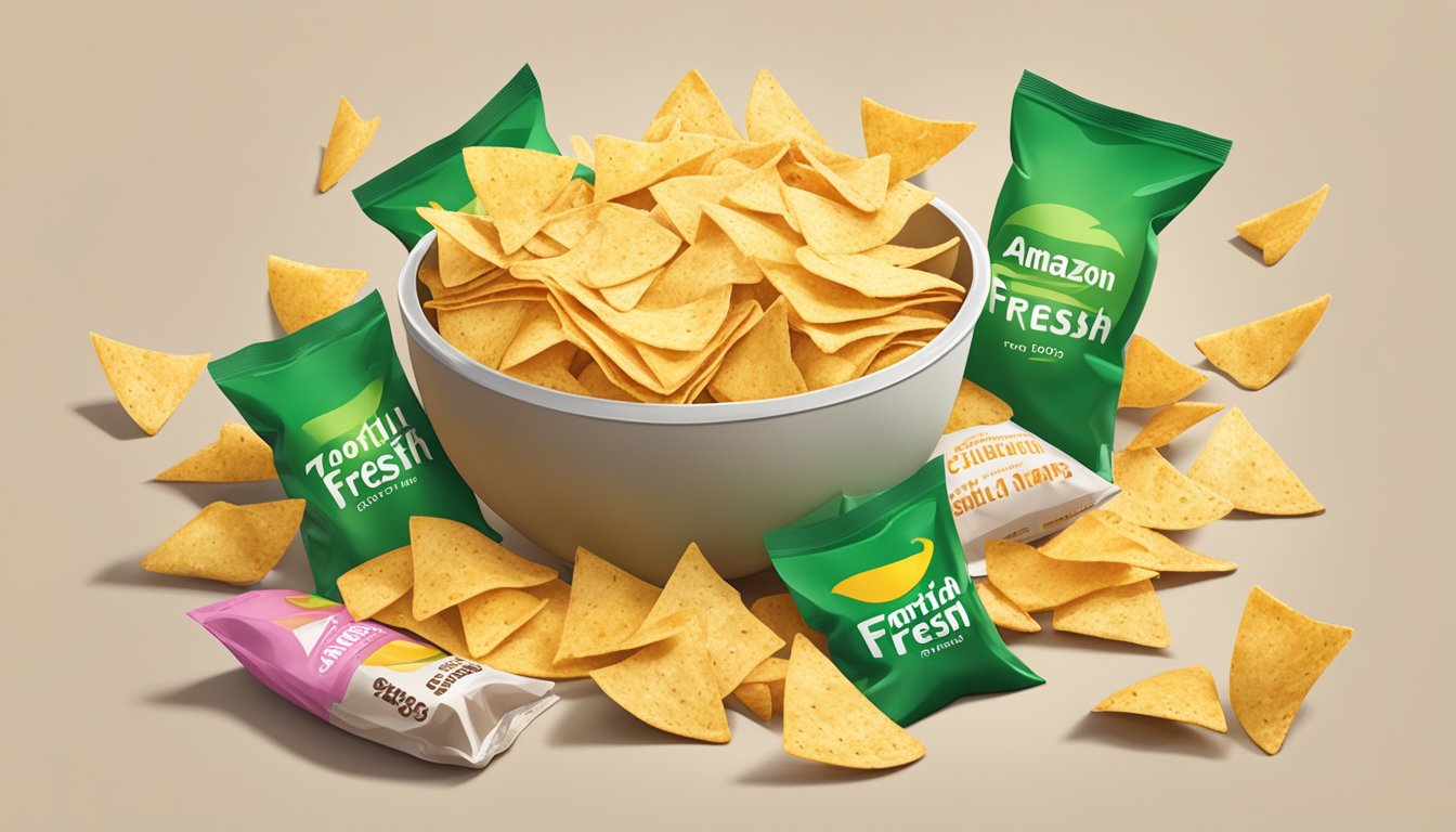 A bowl overflowing with tortilla chips, surrounded by empty bags from Amazon Fresh