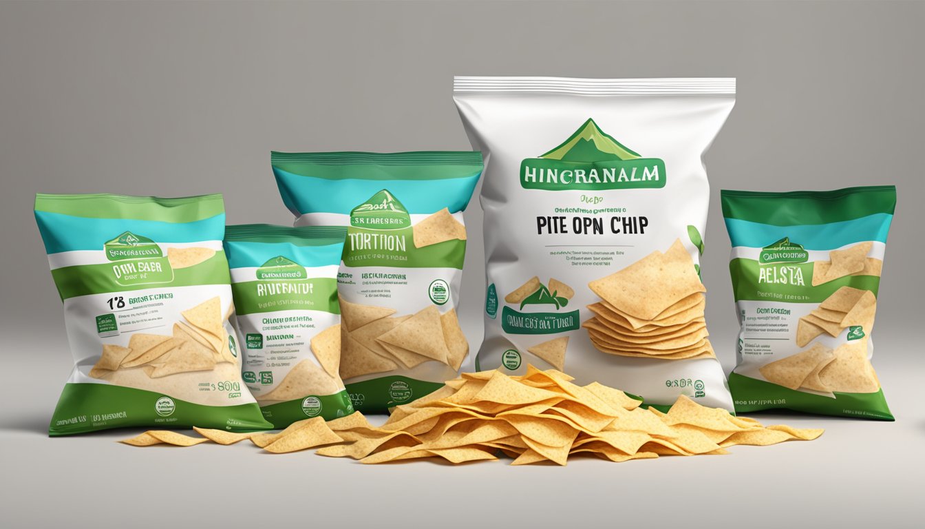 A pile of empty pita chip bags surrounds an open family-sized bag, with a nutrition label prominently displayed