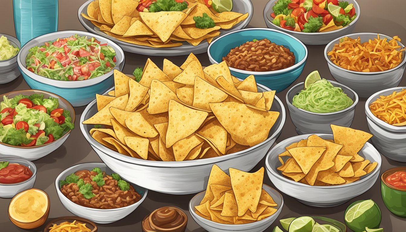 A bowl overflowing with tortilla chips, surrounded by various dishes incorporating the chips, such as nachos, tacos, and salads