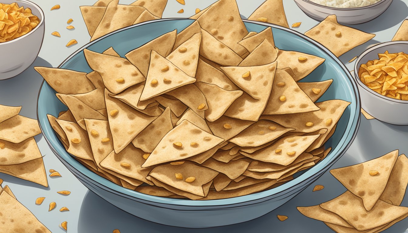 A bowl overflowing with Stacy's pita chips, surrounded by empty bags