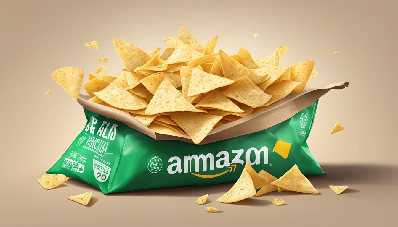 A pile of Amazon Fresh tortilla chips spilling out of an open bag, with a best-by date visible on the packaging