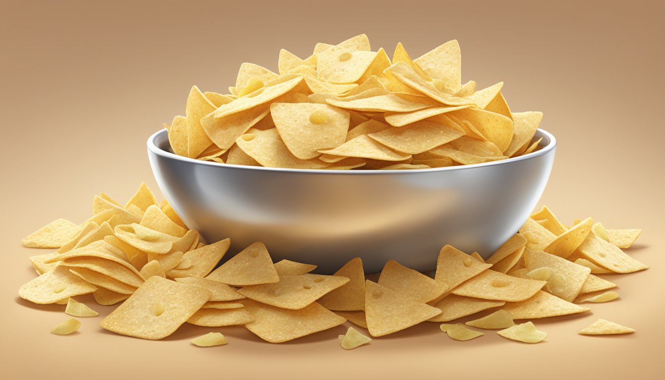 A mountain of Amazon Fresh tortilla chips overflowing from a large bowl, with a few scattered chips on the table