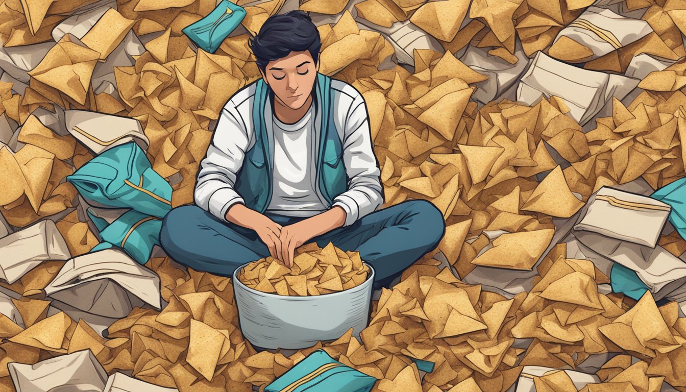 A pile of empty and half-eaten bags of Stacy's Pita Chips surrounded by discarded chip crumbs, with a concerned figure looking at the excessive consumption