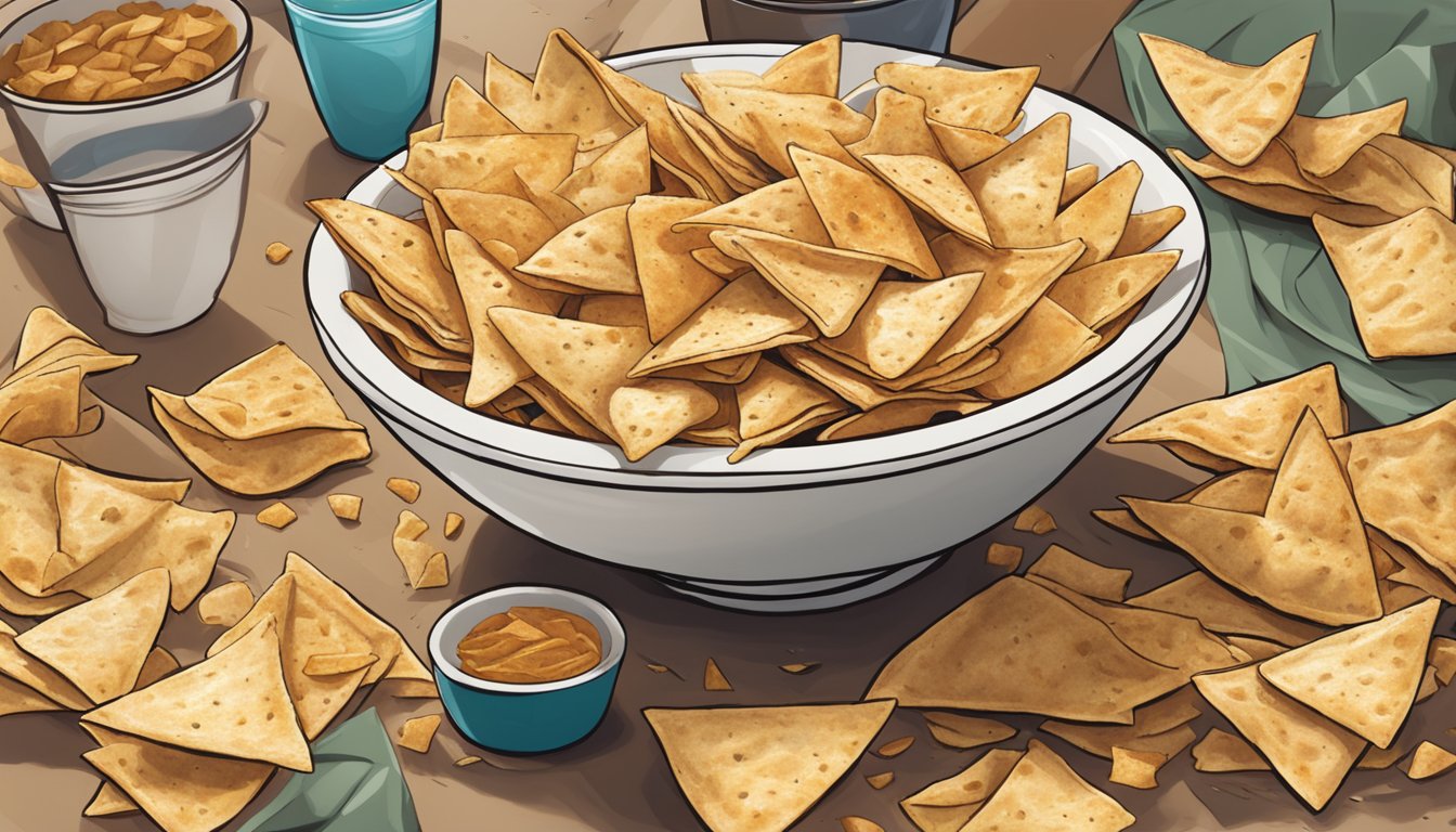 A bowl overflowing with an excessive amount of Stacy's Pita Chips, spilling out onto the table