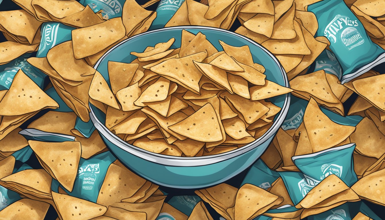 A bowl overflowing with an excessive amount of Stacy's pita chips, surrounded by empty chip bags