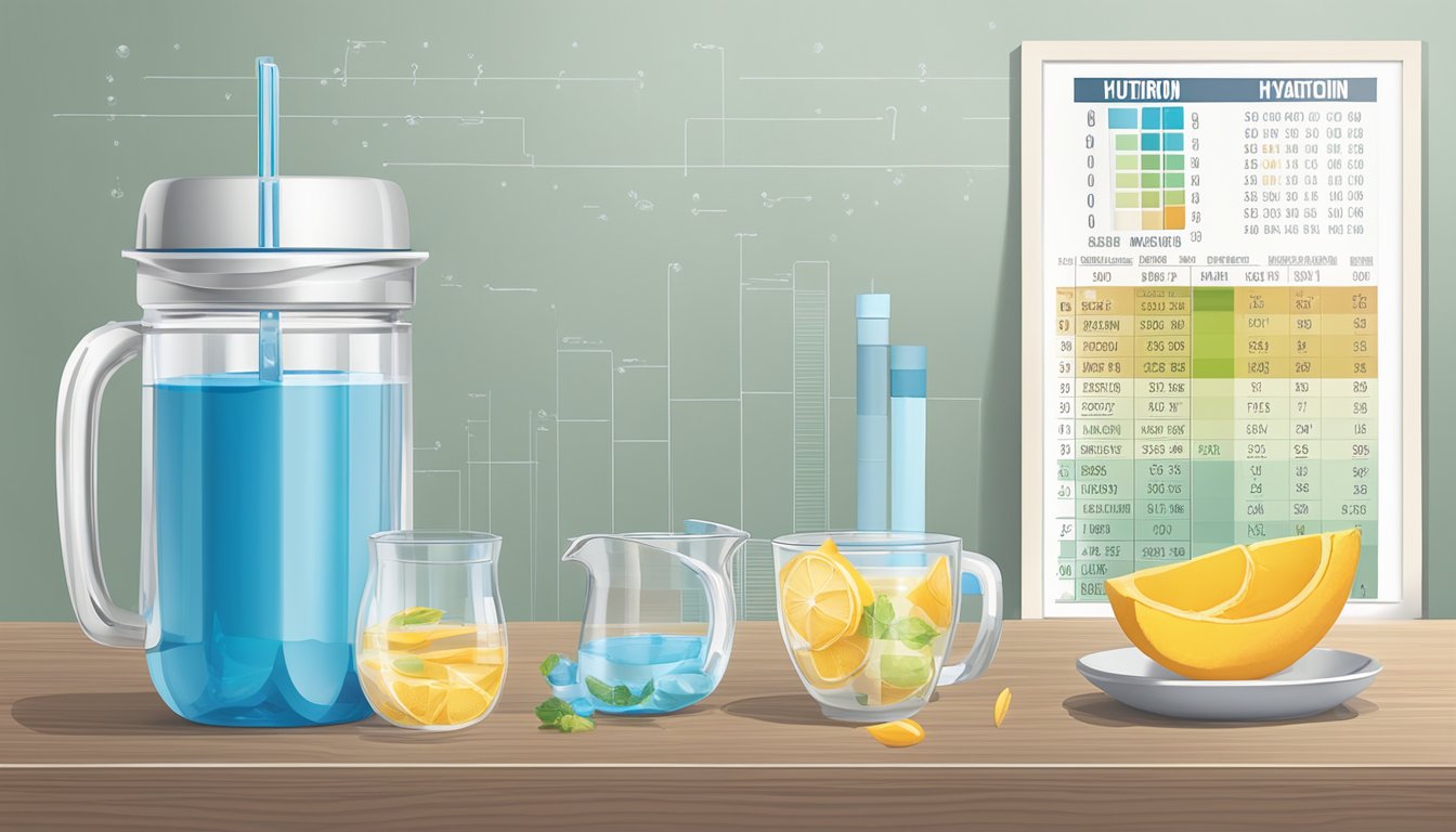 A table with various dropdrop hydration drink bottles, a measuring cup, and a nutrition chart