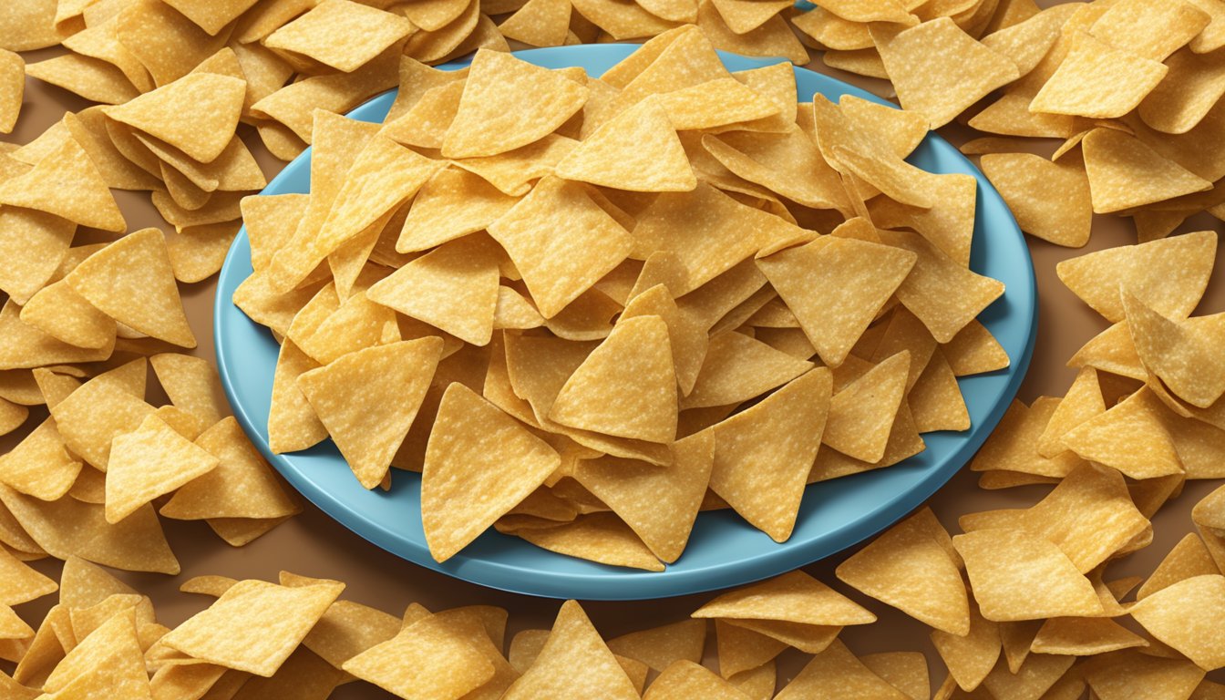 A mountain of 365 tortilla chips piled high on a plate, with a cautionary warning sign next to it