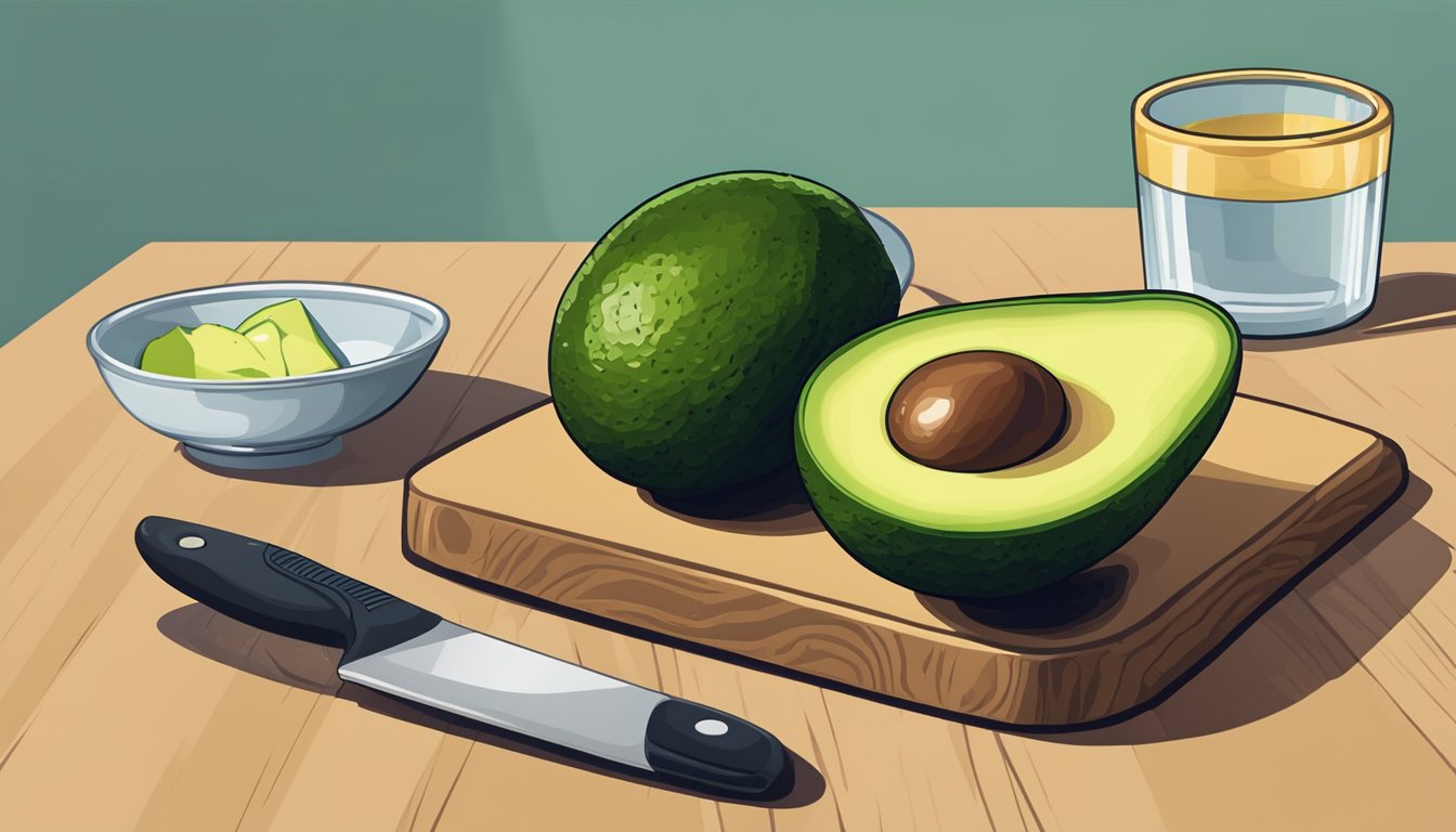 A ripe avocado half surrounded by a measuring cup and a portion of sliced avocado on a cutting board