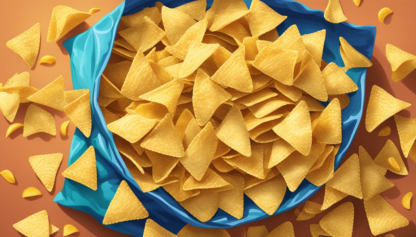 A pile of 365 tortilla chips spilling out of a bright, colorful bag onto a table