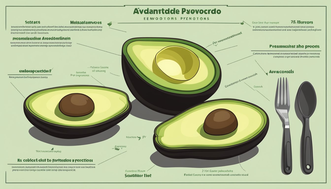 A table with a sliced avocado, measuring spoons, and a chart showing recommended avocado portions