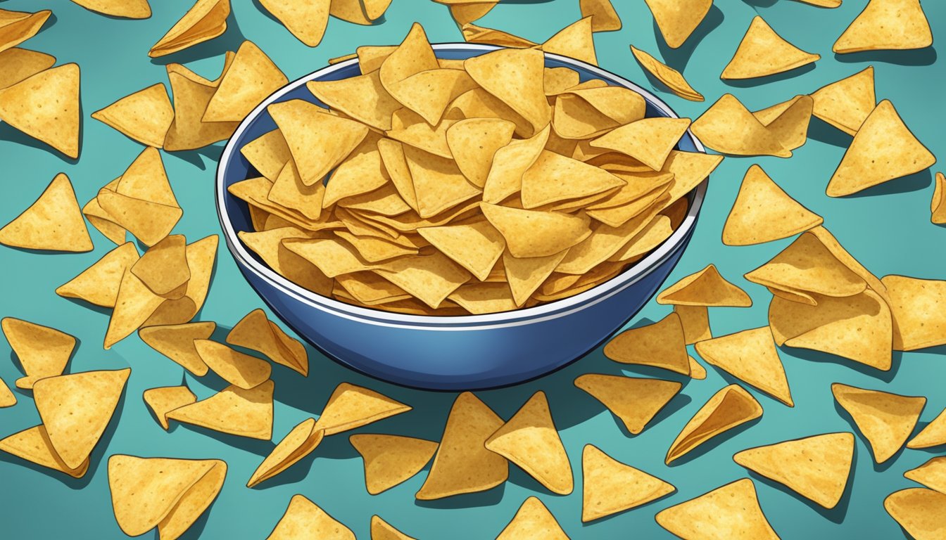 A bowl overflowing with tortilla chips, surrounded by empty chip bags