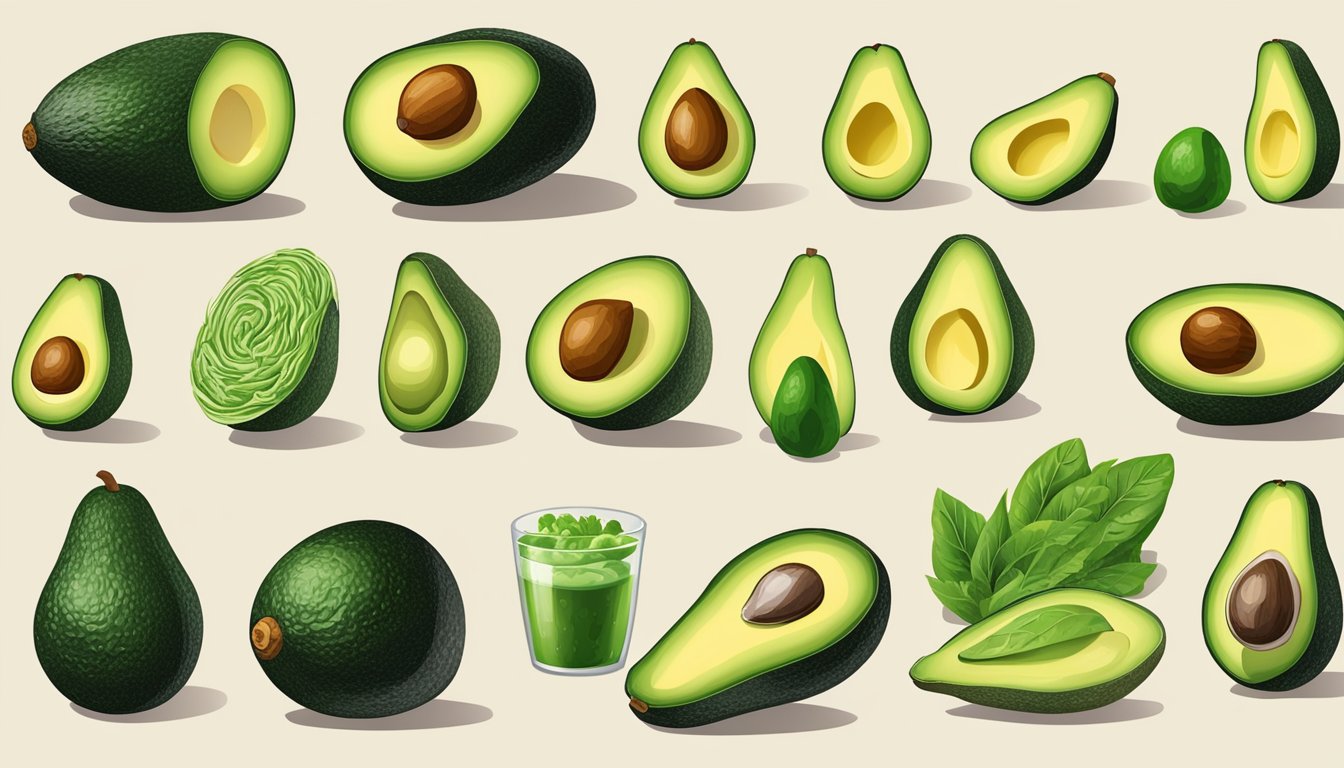 A variety of avocados displayed with different uses, such as slices, guacamole, and salads, to depict portion sizes for eating