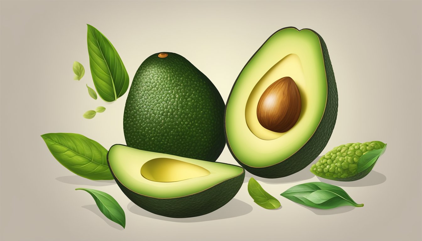 A fresh, ripe avocado sliced in half, with the pit removed, surrounded by a variety of dietary symbols such as a heart, a leaf, and a grain