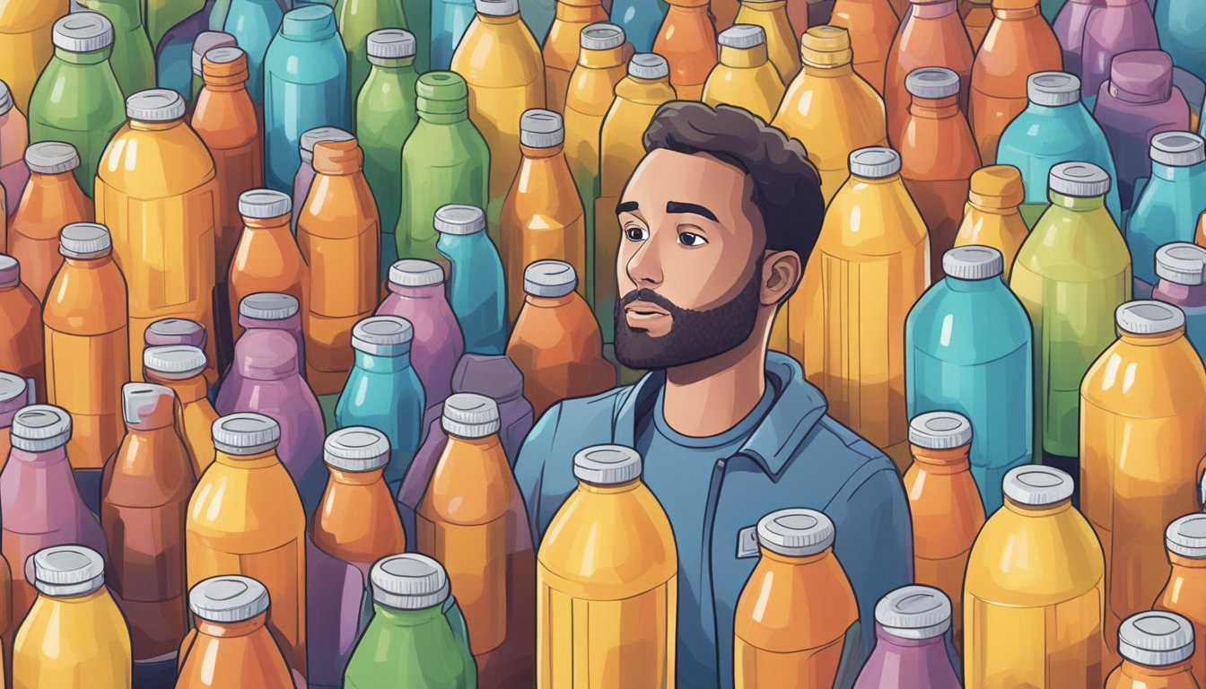 A person surrounded by empty bottles of electrolyte drinks, with a look of discomfort